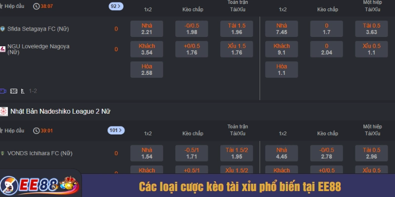 Các loại cược kèo tài xỉu phổ biến tại EE88