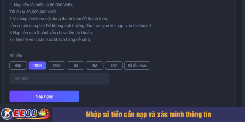 Nhập số tiền cần nạp và xác minh thông tin