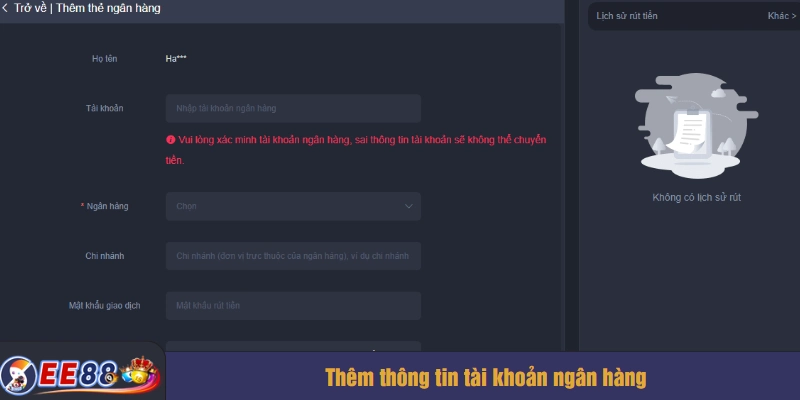 Thêm thông tin tài khoản ngân hàng